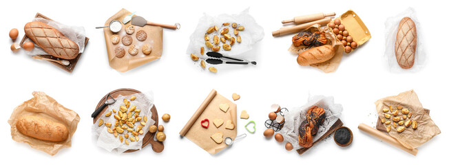 Set of baking paper with tasty pastry and roasted potatoes on white background