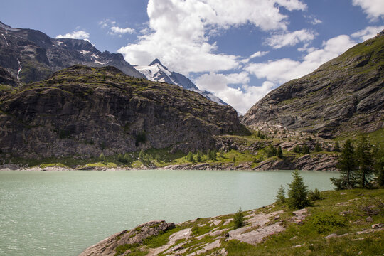 The beautiful view of Margaritzenstausee - Stausee Margaritze -High Tauern National Park, Carinthia, Austria. Grossglockner summit in the background. Close by Grossglockner.