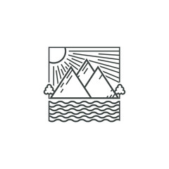 mountains and beach logo or icon with lines