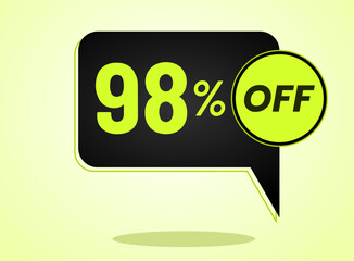 98% off limited special offer. Banner with 98 percent off in black and yellow green neon circular balloon.