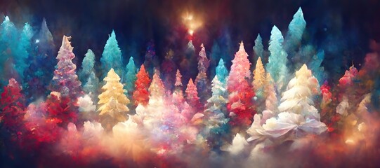 Naklejka na ściany i meble Christmas themed landscape, brilliant colors, beautiful lights, illustrative, greeting card design 
