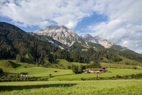 The beautiful panoramic view of Mountains and valley near by Leogang - Saalfelden, Austria, Europe - during summer. HD wallpaper 4k, Green background HD