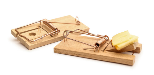 Wooden mousetraps with cheese on white background