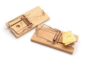 Wooden mousetraps with cheese on white background