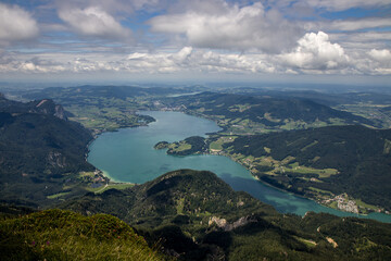 The beautiful view of Mondsee taken from Schafberg, 1783 m, mountain in the Austrian state of Salzburg