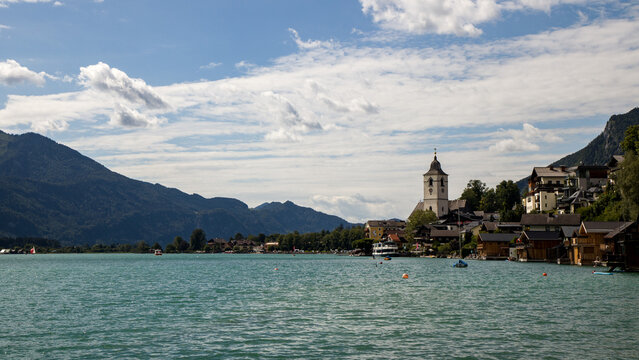 The beautiful view of Wolfgangsee lake in Austria. Wolfgangsee is one of the best known lakes in the Salzkammergut resort region of Austria.