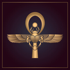 Gold Egyptian Scarab bug with wings And ankh ,RA GOD symbol.eps
