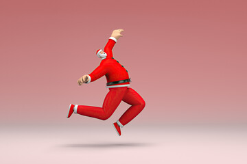 Fototapeta na wymiar A man wearing Santa Claus costume is jumping. 3d rendering of cartoon character in acting.
