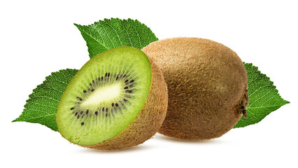 Kiwi with leaves isolated on white background with clipping path