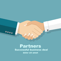 Handshake men and women. Handshake of business people partners businessmen and businesswomen. Hand shaking meeting agreement. Vector flat design. Symbol of successful transaction.