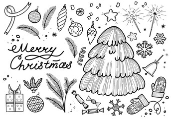 Vector vintage Christmas illustration set. New year attributes for decoration.