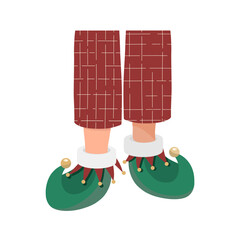 Legs in red pajamas with warm elf slippers. 