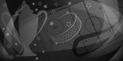 Abstract background in black and gray colors with different hockey symbols such as puck, stick, ice rink, cup