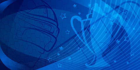 Abstract background in blue colors with different hockey symbols such as puck, helmet, ice rink, cup