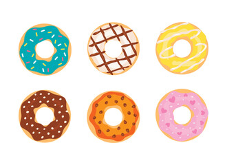 Obraz premium Set of cartoon colorful donuts. Top View Doughnuts collection into glaze for menu design, cafe decoration, delivery box.