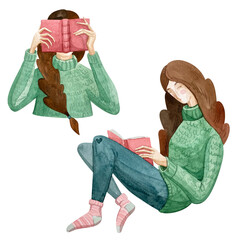Girls reading books are painted in watercolor.