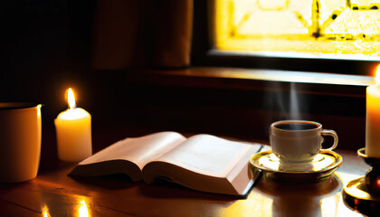 An open bible with coffee cup for morning devotion on wooden table with window light.