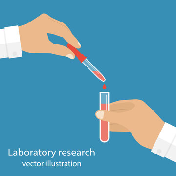 Laboratory research. laboratory testing. Doctor, researcher holding test tube and pipette. Vector illustration, flat design.