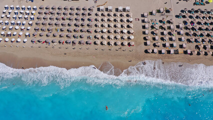 Aerial drone photo of famous paradise bay and beach of Kathisma with deep turquoise sea in island of Lefkada, Ionian, Greece