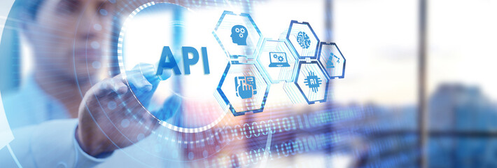 API - Application Programming Interface. Software development tool. Business, modern technology,...