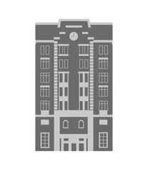 Building silhouette with clock. Urban retro style. Facade of the house, front view. European style. Template for architecture city. Flat vector illustration isolated on white background