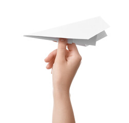 Woman holding paper plane on white background