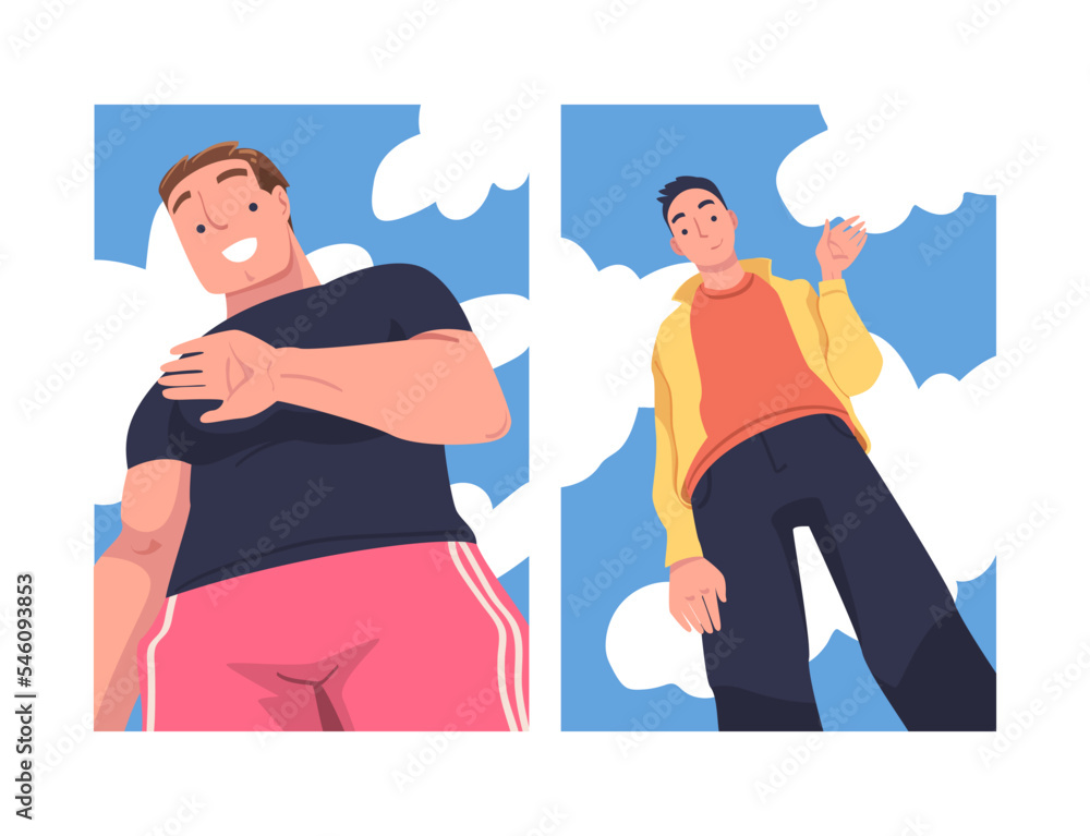 Poster man character standing looking from above friendly smiling and showing hand greeting gesture vector 