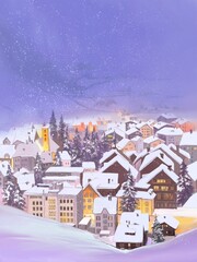 Night landscape, cottage settlement, houses covered with snow, light in the windows of the houses of a small mountain village, New Year and Christmas card, hand-drawn illustration