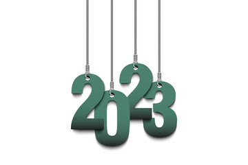 Numbers 2023 are hanging on strings. New Year 2023 are hang on cords. Template design for greeting card. Vector illustration on isolated background