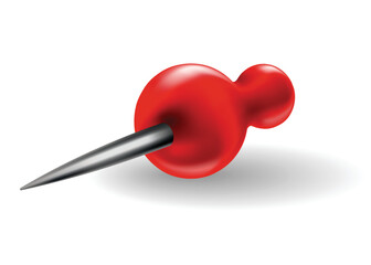 Red pushpin with shadow isolated on white. Fixation for note attach stickers. Stationery item, office paperwork equipment, secretary accessory