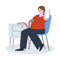 Pregnant woman is sitting on a chair. Girl shows the screen of her phone. Pregnant woman calls for help. Flat vector illustration, eps10