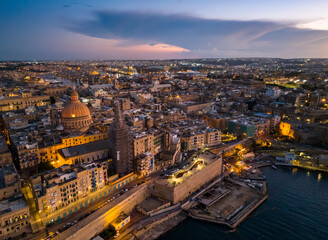 Fototapeta na wymiar Aerial drone view of Valletta city- capital of Malta. Evening, sunset sky