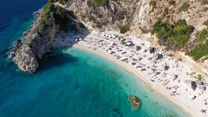 Aerial drone photo of famous paradise beach of Agiofili in island of Lefkada, Ionian, Greece