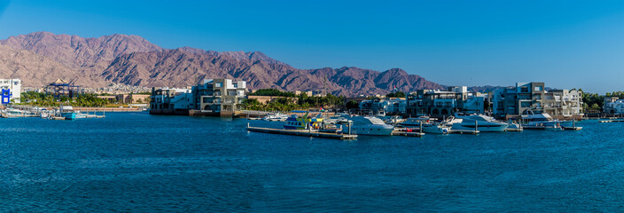 A view of boats moored in the marina at Aqaba, Jordan in sumertime