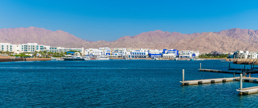 A panorama view towards the marina at Aqaba, Jordan in sumertime