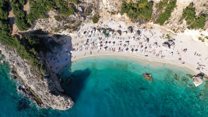 Aerial drone photo of famous paradise beach of Agiofili in island of Lefkada, Ionian, Greece