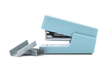 Blue stapler with staples on white background