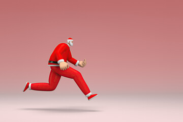 A man wearing Santa Claus costume is running. 3d rendering of cartoon character in acting.