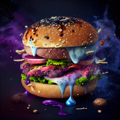 A disgusting cheeseburger with chemical additives and preservatives. Alien cheeseburger.  - obrazy, fototapety, plakaty