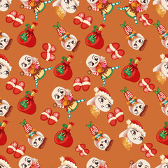 Fototapeta premium Christmas, New Year pattern with bunny, slippers, winter plants, sweets on a brown background. Bright, festive background with brownies, fir branches, berries, bunnies.