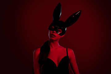 Photo of attractive elegant mistress lady lover wear rabbit costume in night club isolated on maroon color background