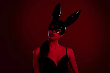Photo of attractive elegant mistress lady lover wear rabbit costume in night club isolated on maroon color background © Beauty Hero