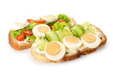 Tasty toasts with boiled egg, cucumber and tomatoes on white background