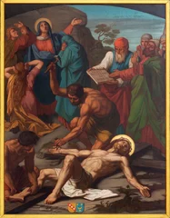 Tuinposter LUZERN, SWITZERLAND - JUNY 24, 2022: The painting  Jesus is nailed the the cross as part of Cross way stations in the church Franziskanerkirche from 19. cent. © Renáta Sedmáková