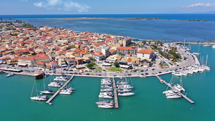 Fototapeta na wymiar Aerial drone photo of famous main town of Lefkada island with traditional Ionian architecture and safe anchorage for yachts and sail boats, Greece