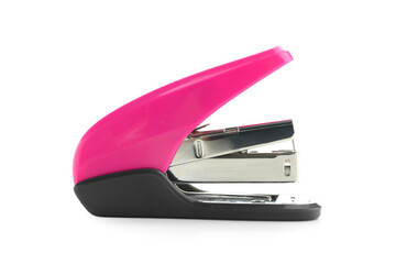 Pink office stapler on white background