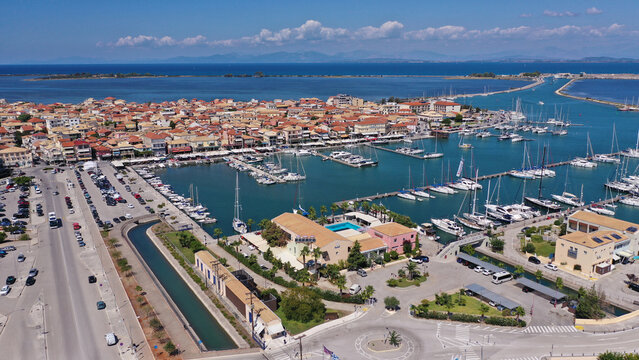Aerial drone photo of famous marina of Lefkada island town with anchored yachts and sailboats, Ionian, Greece