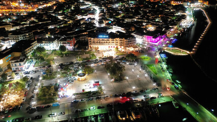 Aerial drone night shot of beautiful main town of Lefkada island, Ionian, Greece