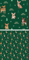 Seamless Chihuahua dog pattern, holiday texture. Square format, t-shirt, poster, packaging, textile, textile, fabric, decoration, wrapping paper. Trendy hand-drawn dogs wallpaper. Holiday background.