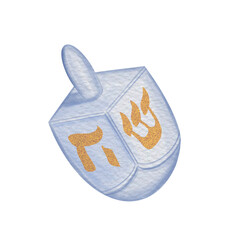 Blue dreidel. Watercolor dreidel - spinning top toy for Hanukkah games- with blue faces and and golden Hebrew letters. Isolated over transparent background.